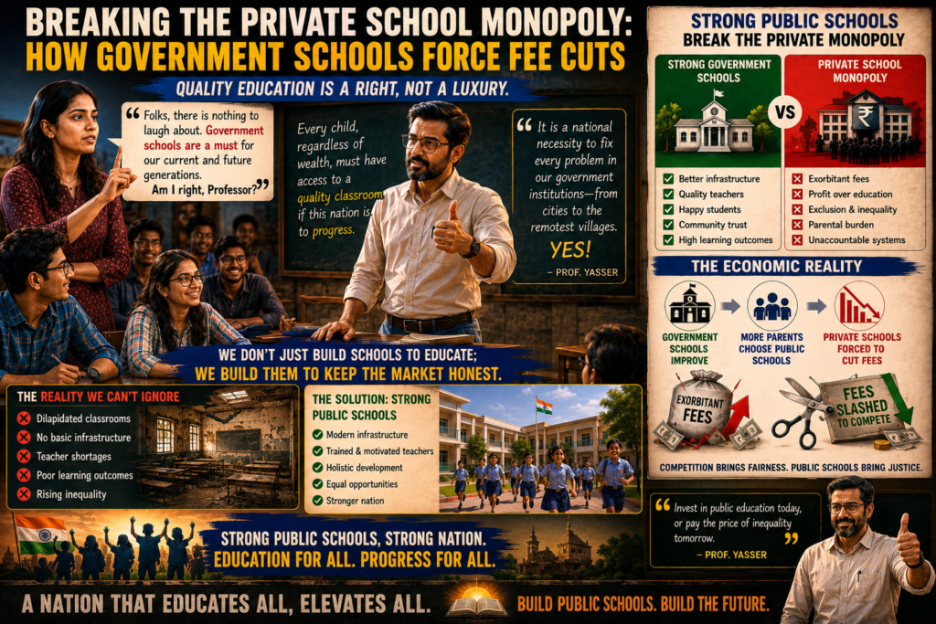 He leaned against the front desk, looking intently at his future teachers. “And there is an economic reality to this as well. Public schools are the only way to break the monopoly of the private institutions. The moment government schools and colleges upgrade their infrastructure and elevate their quality of teaching, the private sector loses its leverage. They will be forced to drastically slash their exorbitant annual fees just to compete. We don't just build public schools to educate; we build them to keep the market honest.” Professor Yasser looked at Priya, then out at the entire room, and gave them a resolute thumbs up.