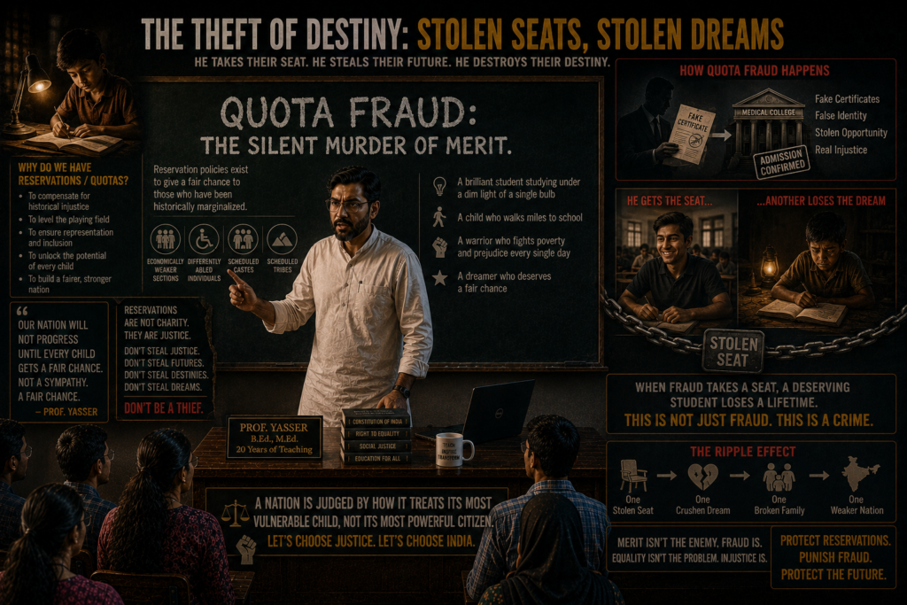 Professor Yasser walked back to the blackboard, wiped it clean with a damp cloth, and wrote in stark white chalk: "QUOTA FRAUD: THE SILENT MURDER OF MERIT." He turned to the class, his face grim. “Now, let us talk about the most despicable crime of all—stealing the rightful place of the underprivileged.” He paced slowly, his footsteps echoing. “Our nation has reservation policies. Quotas for the economically weaker sections, for differently-abled individuals, for scheduled castes and tribes. Why? To give a fair chance to those who have been historically marginalized, to those brilliant students who study under the dim light of a single bulb in a village, who walk miles to school, who fight poverty and prejudice with sheer grit.” He stopped and looked directly at the class.