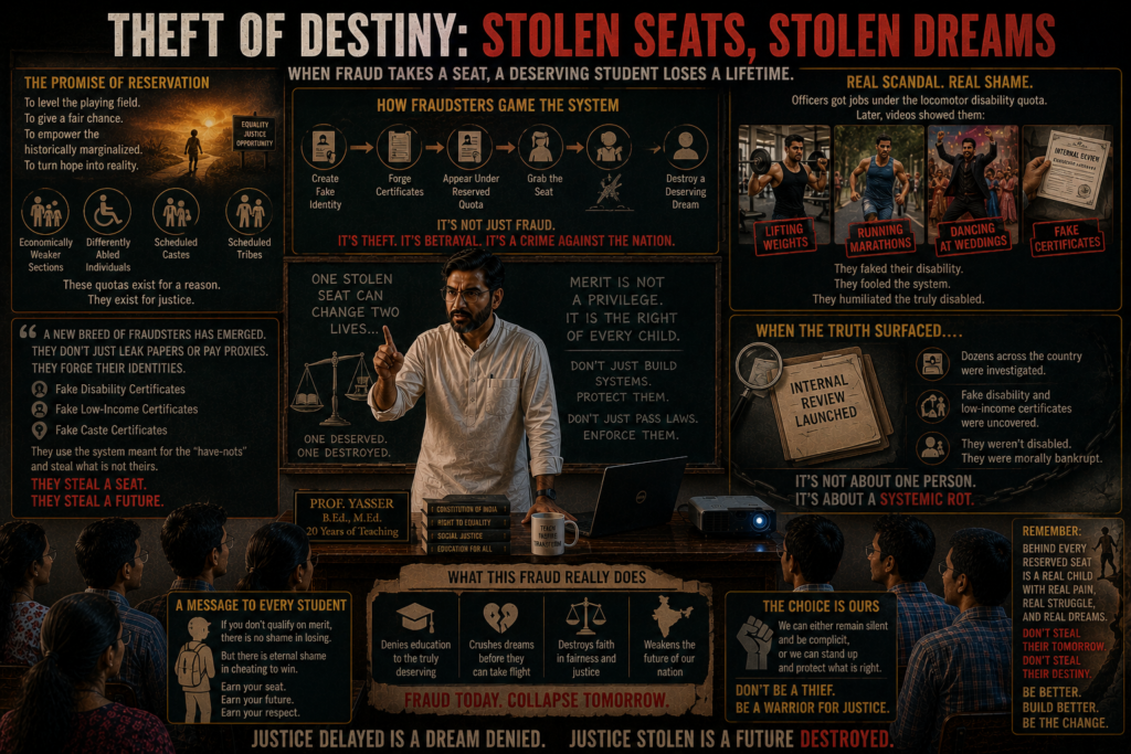 “But what happens? A new breed of fraudsters has emerged. They don’t just leak papers or pay proxies. They forge their identities. They obtain fake disability certificates, fake low-income certificates, fake caste certificates. They sit for the exam under a reserved quota—meant for the ‘have-nots’—and they steal that seat. They steal the future of a genuinely deserving student.” Divya’s jaw tightened. “Sir, I read about this. There was this huge scandal where officers got into services under the locomotor disability quota, but later videos surfaced of them lifting heavy weights, running marathons, and dancing at weddings. They had faked their physical restrictions!” Professor Yasser nodded, holding up a hand. “You are right, Divya, but we must be careful here. We will not name individuals, because this is not about one person. This is about a systemic rot. When such a scandal broke out, what happened? A massive internal review was launched. Dozens of people across the country were investigated for fabricating disability and low-income certificates just to slip past competitive quotas. They weren't disabled; they were morally bankrupt.”