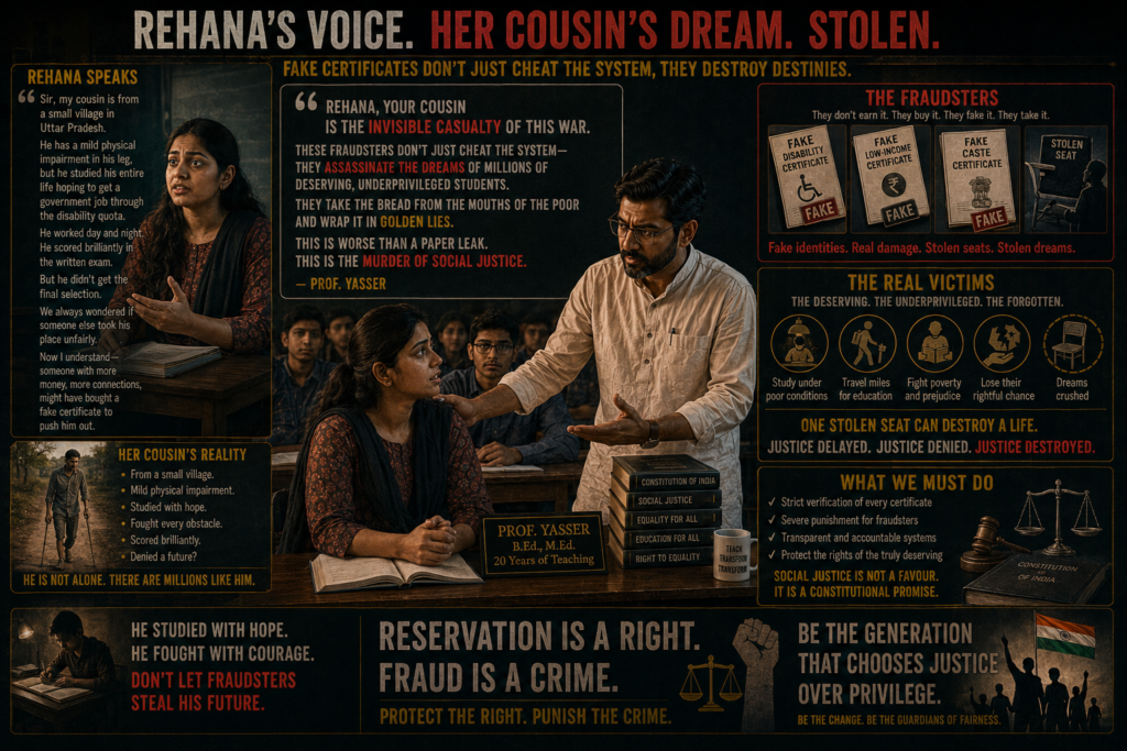 Rehana spoke up, her voice trembling with emotion. “Sir, my cousin is from a small village in Uttar Pradesh. He has a mild physical impairment in his leg, but he studied his entire life hoping to get a government job through the disability quota. He worked day and night. He scored brilliantly in the written exam. But he didn't get the final selection. We always wondered if someone else took his place unfairly. Now I understand—someone with more money, more connections, might have bought a fake certificate to push him out.” "Rehana, your cousin is the invisible casualty of this war," Professor Yasser said softly, walking over to her row. "These fraudsters don’t just cheat the system—they assassinate the dreams of millions of deserving, underprivileged students. They take the bread from the mouths of the poor and wrap it in golden lies. This is worse than a paper leak. This is the murder of social justice.”