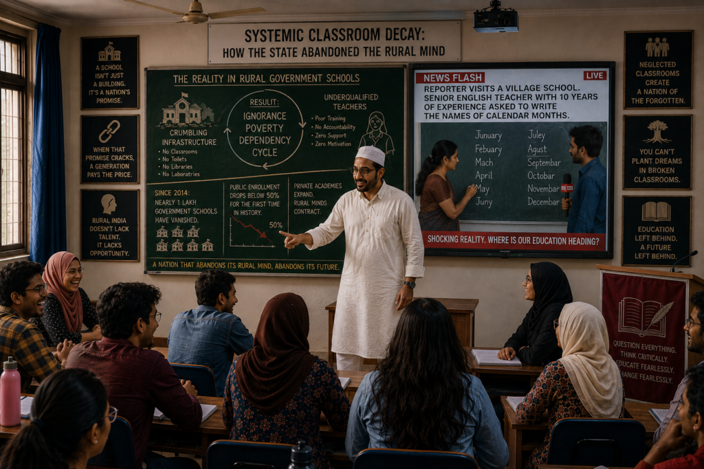 “Exactly, Professor, ”Imtiyaz chimed in. “Most government schools completely lack basic infrastructure. And the situation in rural areas is significantly worse.” He paused, a bitter, cynical smile crossing his face. “I recently watched a news broadcast. A reporter walked into a village school and asked a senior English teacher—a woman with ten years of experience—to simply write the names of the calendar months on a crumbling blackboard.”“Then what happened?” Sebastian asked, turning in his seat.“You won't believe it,” Imtiyaz said, throwing his hands up. “This veteran teacher didn't even know the correct spellings. She made glaring grammatical and spelling errors in almost every single month.”The classroom burst into laughter—harsh, cynical, relieved laughter, the kind that leaks out when a tension becomes too heavy to bear.