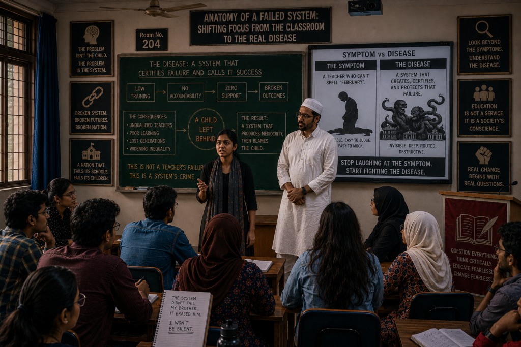 Priya stood up, walked deliberately down the aisle, and stepped up to the front. She didn't stand below him; she stood right beside him, facing the room.“That teacher is not funny,” Priya said, her voice cutting through the leftover amusement. “She is exactly what this system produces. A woman with ten years of service who cannot spell 'February' because the system that certified her is the exact same system that failed my brother who was honest and innocent.”