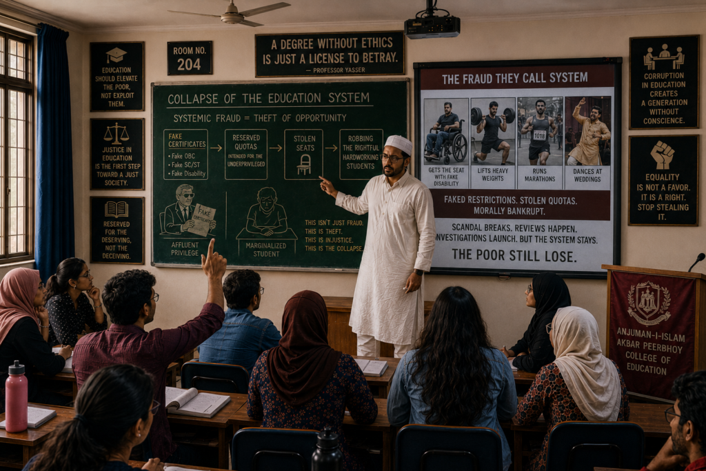 Professor Yasser walked back to the blackboard, where the words "Collapse of the Education System" were written. His face remained grim as he continued, "And it gets worse. Affluent families fabricate certificates—fake OBC, fake SC/ST, and fake disability claims. They sit for exams under reserved quotas intended for the underprivileged, effectively stealing those seats. In doing so, they rob genuine, hardworking students from marginalized communities of their rightful place."Rahul's jaw tightened. "Sir, I read about officers who got into services under the locomotor disability quota. But videos surfaced of them lifting heavy weights, running marathons, dancing at weddings. They had faked their physical restrictions.""Exactly," Professor Yasser said. "They weren't disabled. They were morally bankrupt. And when a scandal breaks, an internal review launches, dozens get investigated... but the system stays. The poor still lose."
