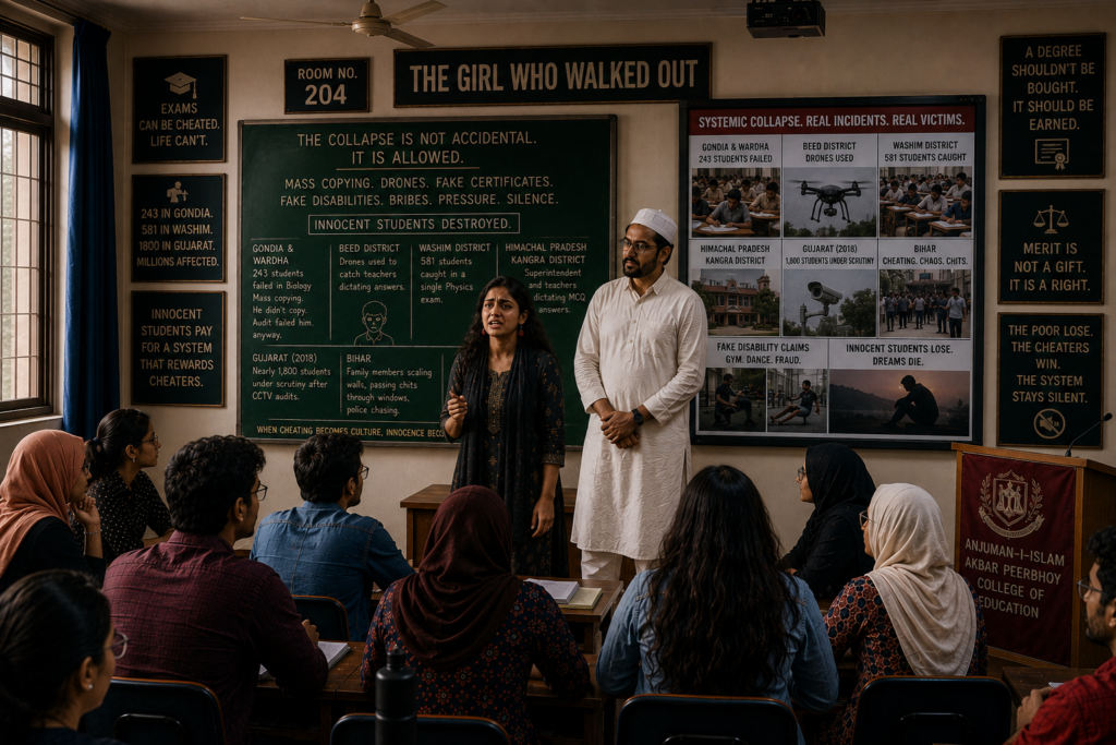 Priya stood up. Now her voice was a knife."Sir, my brother was one of the 243 students in Gondia and Wardha. The Biology paper. Mass copying. They failed him. He didn't copy. He was near copiers. The audit failed him anyway. He was innocent."She walked to the front. She stood beside Professor Yasser, not below him."In Beed district, they used drones to catch teachers dictating answers. In Washim, 581 students caught in a single Physics exam. In Himachal Pradesh, Kangra district, a superintendent and teachers verbally dictating MCQ answers. In Gujarat, 2018, nearly 1,800 students under scrutiny after CCTV audits. Bihar — family members scaling walls, passing chits through windows, police chasing them, others cheating quietly with the connivance of authorities."
