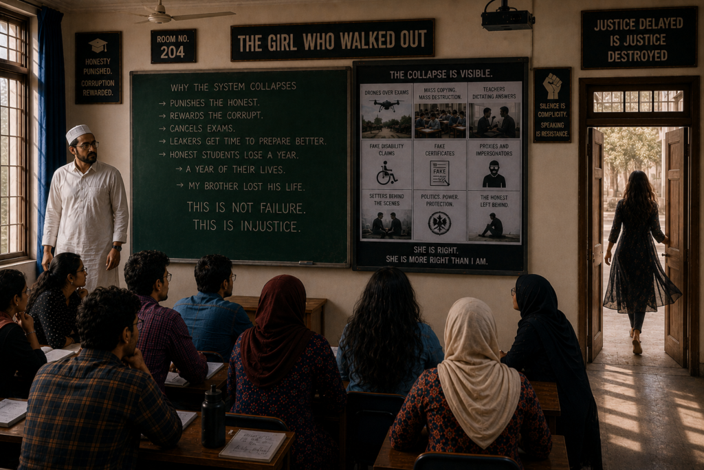 "You want to know why the system collapses? Because it punishes the honest and rewards the corrupt. Because when they cancelled the exam, the leakers got time to prepare better. The honest students lost a year. A year of their lives. My brother lost his life."She walked to the door. She opened it."And you know what, Sir? I don't want to be a teacher anymore. I want to be a lawyer. I want to sue them. All of them. The drones, the teachers, the setters, the proxies, the fakers. I want to burn it down."She walked out. The door slammed. No one moved.