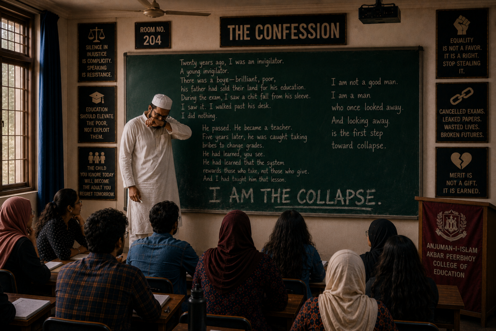 "Twenty years ago," he said, "I was an invigilator. A young invigilator. There was a boy — brilliant, poor, his father had sold their land for his education. During the exam, I saw a chit fall from his sleeve. I saw it. I walked past his desk. I did nothing."He wiped his face with his sleeve, the chalk dust smearing like ash."I told myself it was compassion. I told myself he needed the chance. I told myself… many things. He passed. He became a teacher. Five years later, he was caught taking bribes to change grades. He had learned, you see. He had learned that the system rewards those who take, not those who give. And I had taught him that lesson."