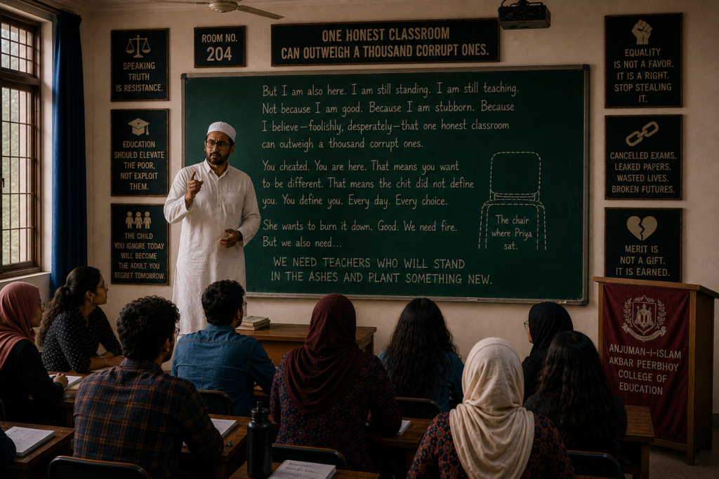 "But I am also here. I am still standing. I am still teaching. Not because I am good. Because I am stubborn. Because I believe — foolishly, desperately — that one honest classroom can outweigh a thousand corrupt ones."