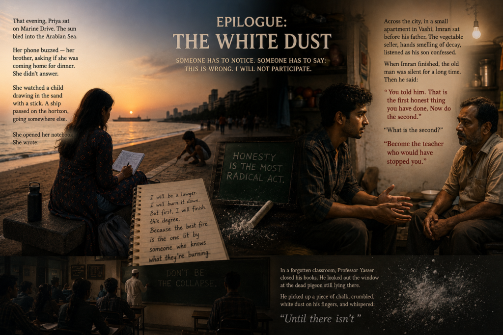 That evening, Priya sat on Marine Drive. The sun bled into the Arabian Sea. Her phone buzzed — her brother, asking if she was coming home for dinner. She didn't answer. She watched a child drawing in the sand with a stick. A ship passed on the horizon, going somewhere else.She opened her notebook. She wrote:I will be a lawyer. I will burn it down. But first, I will finish this degree. Because the best fire is the one lit by someone who knows what they're burning.Across the city, in a small apartment in Vashi, Imran sat before his father. The vegetable seller, hands smelling of decay, listened as his son confessed. When Imran finished, the old man was silent for a long time. Then he said:"You told him. That is the first honest thing you have done. Now do the second.""What is the second?""Become the teacher who would have stopped you."
