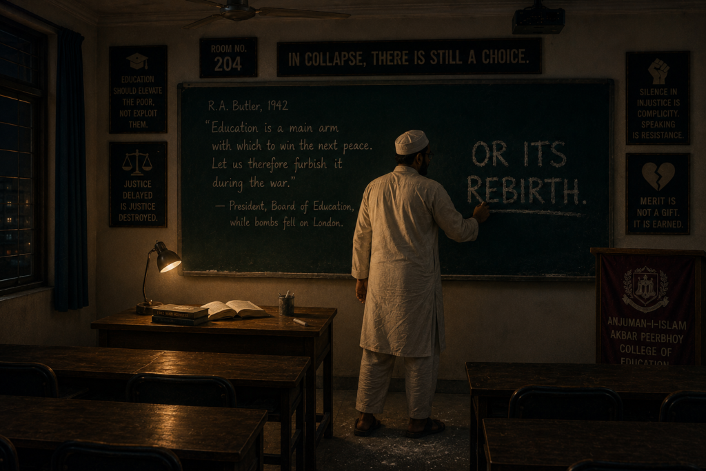 He looked at the board. His own words still there: I AM THE COLLAPSE.He stood. He picked up the chalk. He erased the sentence. It took longer than he expected — the chalk had dug deep. When it was gone, he wrote:"OR ITS REBIRTH."He stepped back. The words were crooked. The R was smudged. The dust settled on his shoes.It was not perfect. It was not beautiful. It was honest.