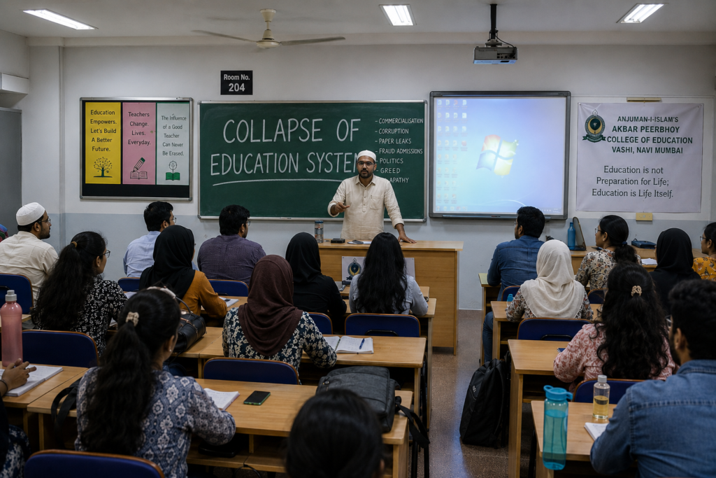 The ceiling fan in Room 204 clicked every seventh rotation. The students had learned to count it. On humid June mornings in Vashi, when the air smelled of salt and construction dust, that click was the heartbeat of the room.Professor Yasser entered with a piece of chalk, a leather-bound book, and a projector that had been dropped twice and never quite fixed. The students rose. The chairs scraped."As Salaamu Alaikum, Sir.""Wa Alaikumus Salaam. Sit." He didn't say Good Morning. He hadn't for three weeks, not since the HSC results were cancelled statewide. The students noticed. They noticed everything about Professor Yasser — how his kurta was ironed on Tuesdays but wrinkled by Thursday, how he stopped wearing his watch after the news broke, how the white dust of chalk never quite washed off his fingertips anymore.He wrote on the board in capital letters, the way a man might carve into stone:COLLAPSE OF EDUCATION SYSTEM