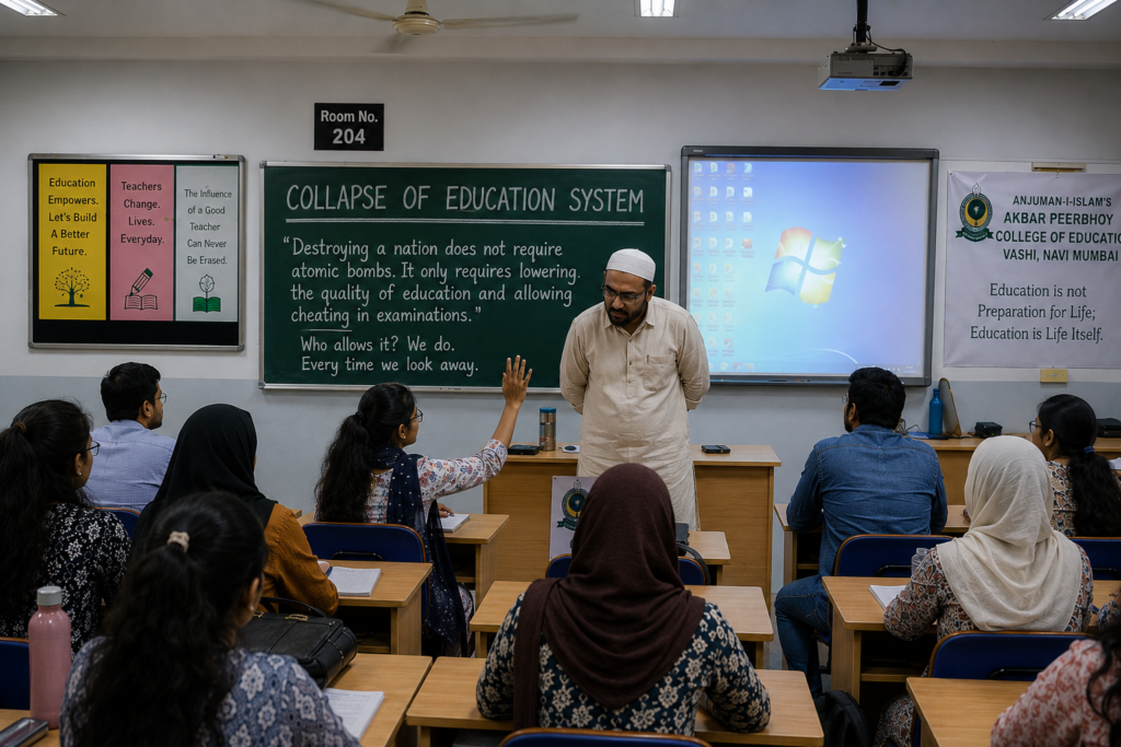 "Destroying a nation does not require atomic bombs. It only requires lowering the quality of education and allowing cheating in examinations." He wrote it below the heading. "Who allows it? We do. Every time we look away."