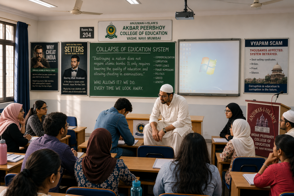 Imran had been leaning back, arms crossed, jaw set. He was the tech expert of the batch, the one who built apps and mocked traditions. Now he uncrossed his arms."Sir, with respect — you're making it sound like a tragedy. It's a market."Professor Yasser turned. "A market?""Yes. Supply and demand. Millions of aspirants, few seats. Desperate parents, greedy middlemen. Coaching centers selling leaked papers on WhatsApp. It's not a moral failure, Sir. It's economics.""Economics," Professor Yasser repeated. He walked to Imran's desk. He didn't stand too close this time. He stood exactly far enough to make Imran feel small."Your father sells vegetables in Vashi market, yes?"Imran's jaw tightened. "Yes.""If a customer pays him for a kilo of tomatoes and he gives half a kilo, is that economics?""That's cheating.""And if a rich student pays a proxy to sit an exam using forged documents, buys a seat in a medical college, becomes a doctor, and someday operates on your mother — is that economics?"Imran's face went white.
