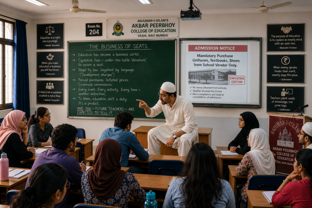 "But this isn't just about leaks or proxies," Professor Yasser said, his voice sharper now. "The rot goes deeper. Education has become a business cartel. Look at admission time: parents pay capitation fees — under-the-table 'donations' — just to secure a seat. The law says it's illegal. The schools say it's 'development charges.'"He pointed at the projector, now showing a photo of a school's admission notice: "Mandatory Purchase: Uniforms, Textbooks, Shoes from School Vendor Only.""You cannot buy uniforms from outside. Why? Because the management gets a corporate commission on every thread. They sell inflated prices to families already drowning in tuition fees. And every few months — school fairs, functions, 'mandatory events' — all to extract more cash."Arifa's face hardened. "My cousin's school rejected a proposal to collect used textbooks from graduating students and donate them. The manager said: 'A donated book is a lost profit margin.'"Professor Yasser nodded. "To them, education isn't a duty. It's a product. And you — future teachers — are expected to sell it."