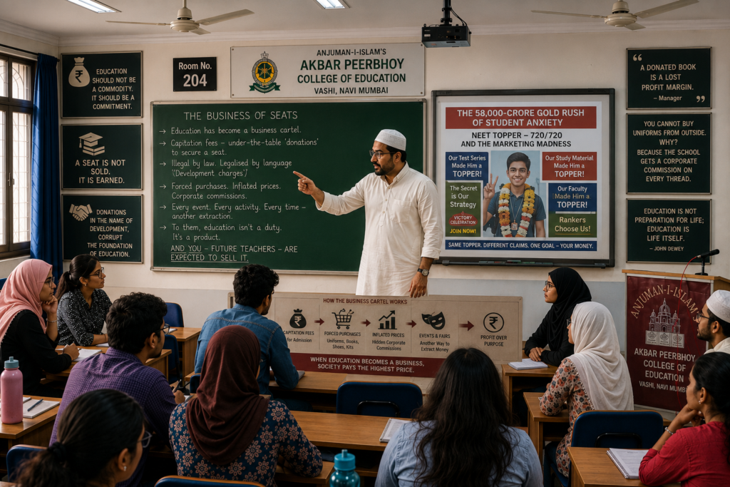 Before the heavy weight of that thought could fully settle over the room, Zafar spoke up from the middle row, a wry, cynical smile pulling at his mouth. "Speaking of marketing a product, Professor, I want to share a funny incident involving a NEET topper who recently created history by scoring a perfect 720 out of 720." "Go on," said Professor Yasser, gesturing for him to continue. "Sir, the moment the NEET results were announced and that student made history, an absolute circus exploded online," Zafar explained. "Within hours, multiple rival coaching centres flooded the internet with victory videos, promotional posters, and advertisements. Each one claimed this very same topper as their own, loudly proclaiming that their specific test series or study material was the secret ingredient behind his success. It was marketing at its peak."
