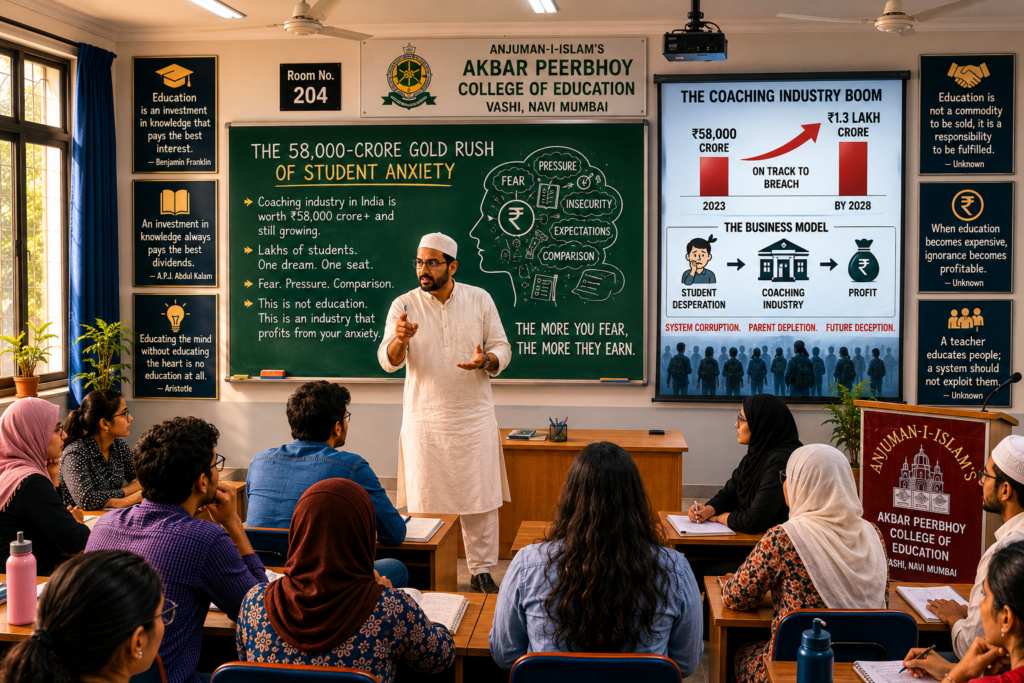 Professor Yasser shook his head, a dark flash of realization crossing his face. "That's fascinating to hear, Zafar. But beneath the comedy lies our exact problem. You see, the modern educational apparatus has become a tool to fool the students and extract the hard-earned money from their hardworking parents."Yawar, who had remained entirely quiet near the back of the room until now, leaned forward, his voice heavy with dry realization. "No wonder the coaching industry has ballooned into a massive, ₹58,000-crore industry and is on track to breach ₹1.3 lakh crore by 2028."Professor Yasser leveled his sliver of chalk at Yawar like a duelist’s blade. “Precisely. It’s a masterfully engineered engine of greed, fueled by student desperation and calibrated to bleed the bank accounts of honest, hardworking parents dry.”