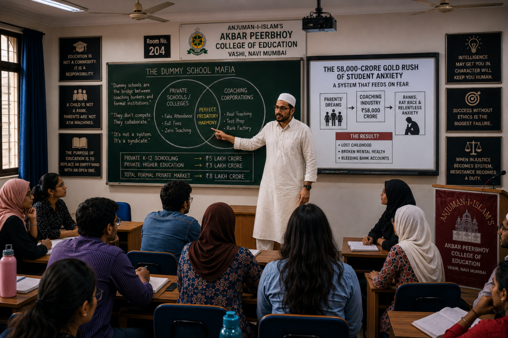 “Exactly! The integrated dummy school model,” Professor Yasser said, spinning around and sketching two massive, overlapping circles on the blackboard. “If you think the coaching industry is a monster, the formal private institutional sector is the absolute titan feeding it. They don't compete; they exist in perfect, predatory harmony. Prominent private schools actively partner with coaching corporations. They charge desperate parents full institutional tuition fees just to fake an attendance register, while the student spends their actual youth locked inside a coaching bunker prepping for a standardized test.”