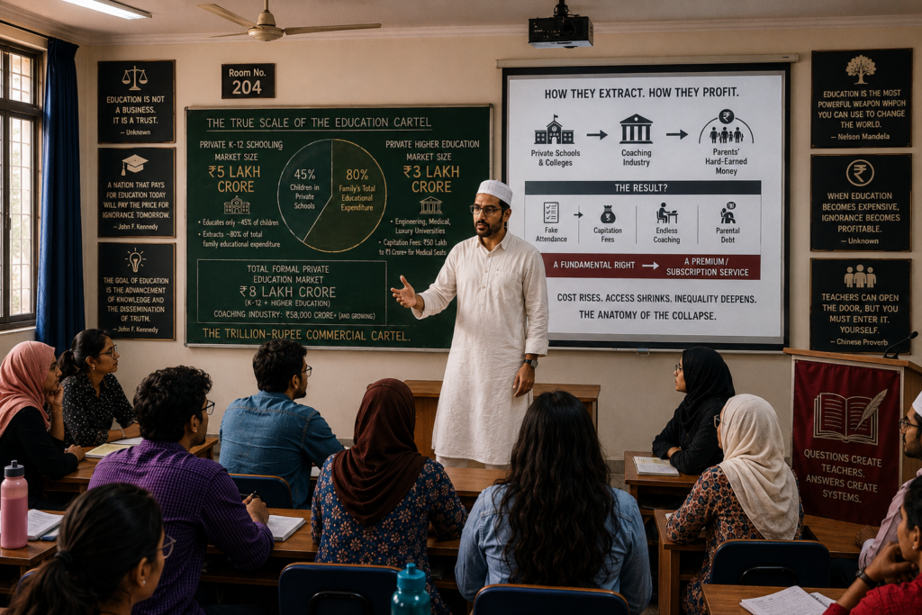 “Look at the sheer scale,” Professor Yasser continued, turning back to face the class. “The private K-12 schooling market in India is a five-lakh-crore titan. Even though private schools educate only about 45% of our children, they systematically siphon off nearly 80% of a family's total educational expenditure. Add private higher education—the engineering, medical, and luxury universities—and you add another three lakh crore to the ledger. Think about the under-the-table capitation fees for medical seats that command anywhere from fifty lakhs to over a crore.”He set the chalk down, the click echoing in the silence. “When you fuse the coaching engine with this private institutional empire, what do you get?”The class sat in stunned, breathless comprehension.“You get a trillion-rupee commercial cartel,” Professor Yasser said softly.