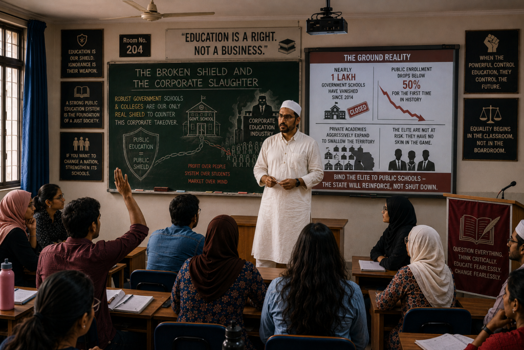 Then Professor Yasser dusted the lingering chalk from his palms, his expression grim. “And that is exactly why robust government schools and colleges are absolutely vital. They are our only real shield to counter this corporate takeover.”Sebastian raised his hand from the front row, shaking his head gently. “Sir, that is much easier said than done. We all know the ground reality. To my mind, the only way to save our public education system is to pass a simple rule: every single child of an elected politician, government official, or MLA must study only in government schools. Let's see how drastically things improve then.”Professor Yasser nodded grimly. 'Because right now, the people pulling the strings have no skin in the game. That is exactly why nearly one lakh government schools have quietly vanished since 2014—dropping public enrollment below 50% for the first time in history while private academies aggressively expand to swallow the territory. If the elite were legally bound to those desks, the state wouldn't be shutting doors; they'd be reinforcing them.”