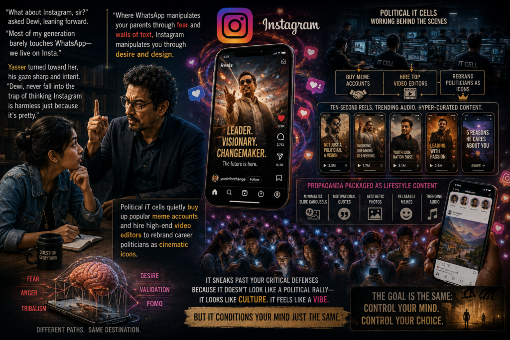 “Political IT cells quietly buy up popular meme accounts and hire high-end video editors to rebrand career politicians as cinematic icons or living gods. They flood your feed with ten-second Reels set to trending audio, hyper-curated photo ops, and sleek slide carousels that package raw propaganda as minimalist lifestyle content.”