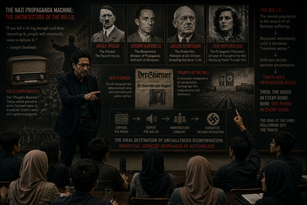 "Under Goebbels, the Nazi regime weaponized a dark truth: if you control the media entirely, you control reality itself. They manufactured cheap radios—the Volksempfänger—to ensure Hitler’s voice echoed in every German kitchen. But it wasn't a solo act; he built an intricate architecture of deceit. He relied on men like Julius Streicher to push raw hatred in the tabloid Der Stürmer, and artists like filmmaker Leni Riefenstahl to direct Triumph of the Will, a cinematic masterpiece of manipulation. "They were the ultimate masters of the 'Big Lie.'