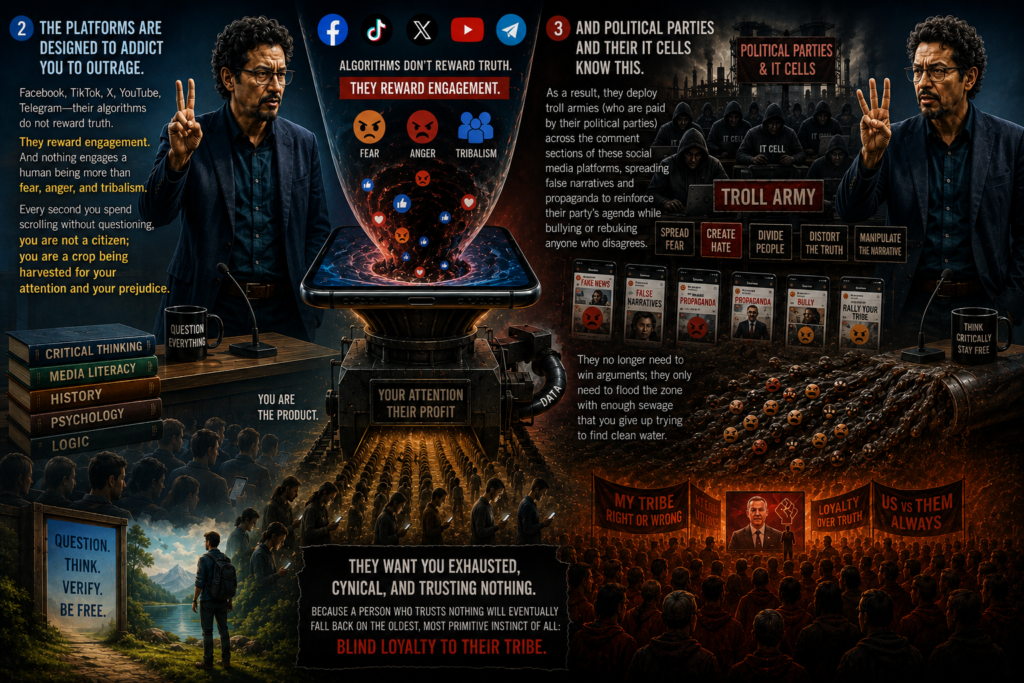 “The platforms are designed to addict you to outrage. The algorithms pushing content on your TikTok and Instagram feeds, the viral loops on X (Twitter) and YouTube, the closed broadcast rooms on Telegram and WhatsApp—none of them care about truth. They care about retention.