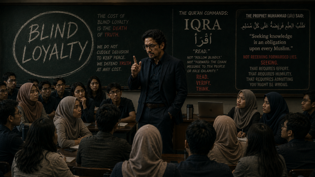The very first word revealed in the Holy Qur’an was Iqra—‘Read.’ Not ‘Follow blindly.’ Not ‘Forward the chain message to ten people or face calamity.’ Read. Verify. Think. The Prophet Muhammad, peace be upon him, said, ‘Seeking knowledge is an obligation upon every Muslim.’ Not receiving forwarded lies. Seeking. That requires effort. That requires humility. That requires admitting you might be wrong.